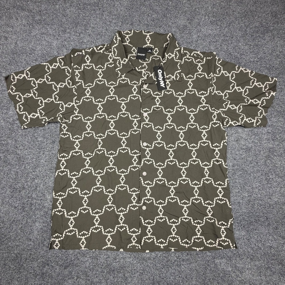 Only NY Mens XS Heart Chain Viscose Short Sleeve Button Down Shirt Olive Green